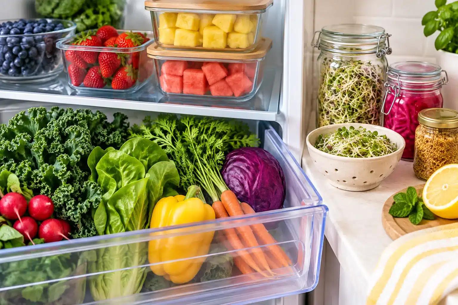Leafy greens, berries, cut fruit, sprouts and opened condiments arranged for safe cold storage
