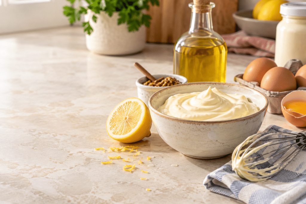 Homemade mayonnaise with eggs, lemon, oil and whisk