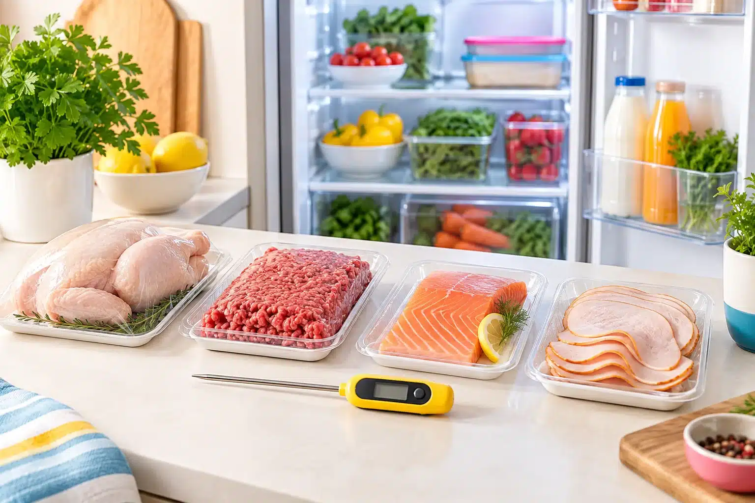 Raw chicken, ground meat, salmon and deli meat stored separately with a food thermometer