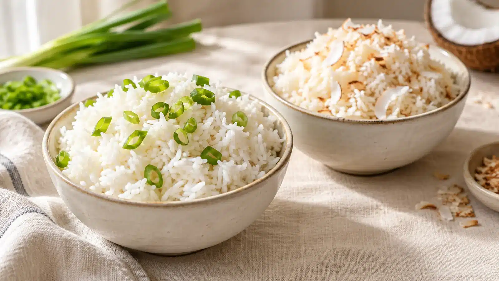 Bowls of white rice with green onion and coconut rice