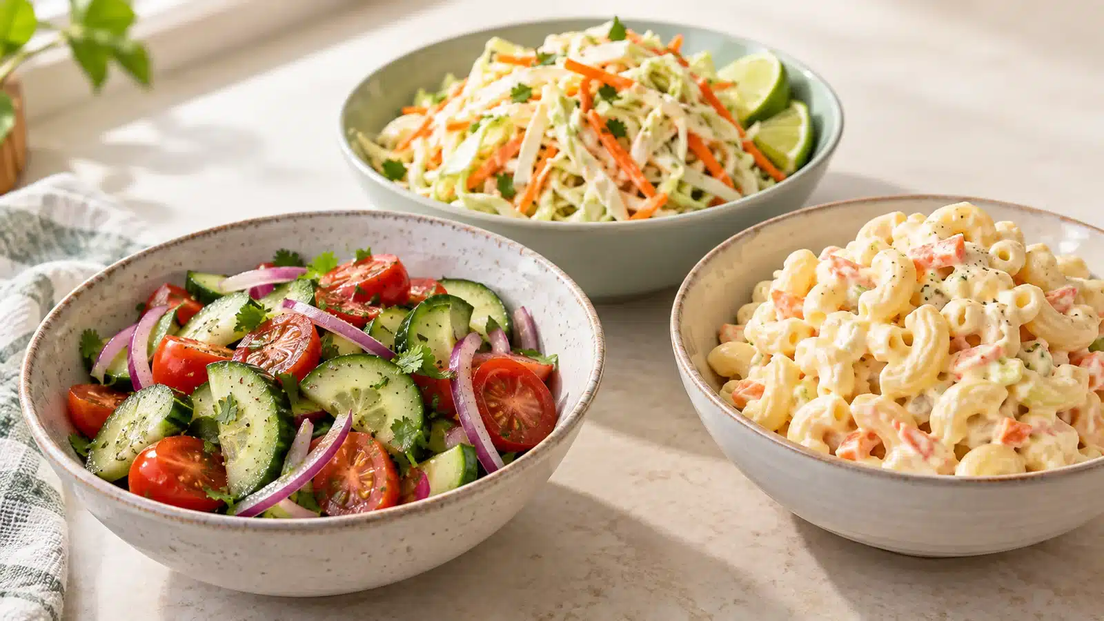 Cucumber tomato salad, cabbage slaw and creamy macaroni salad