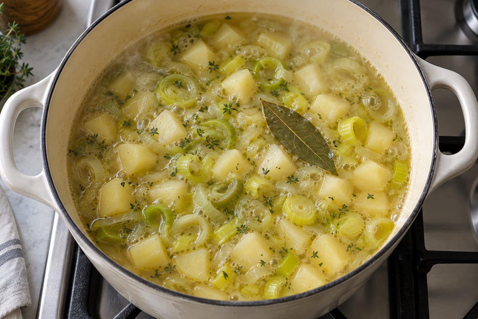 Diced potatoes and leeks simmering in broth with bay leaf