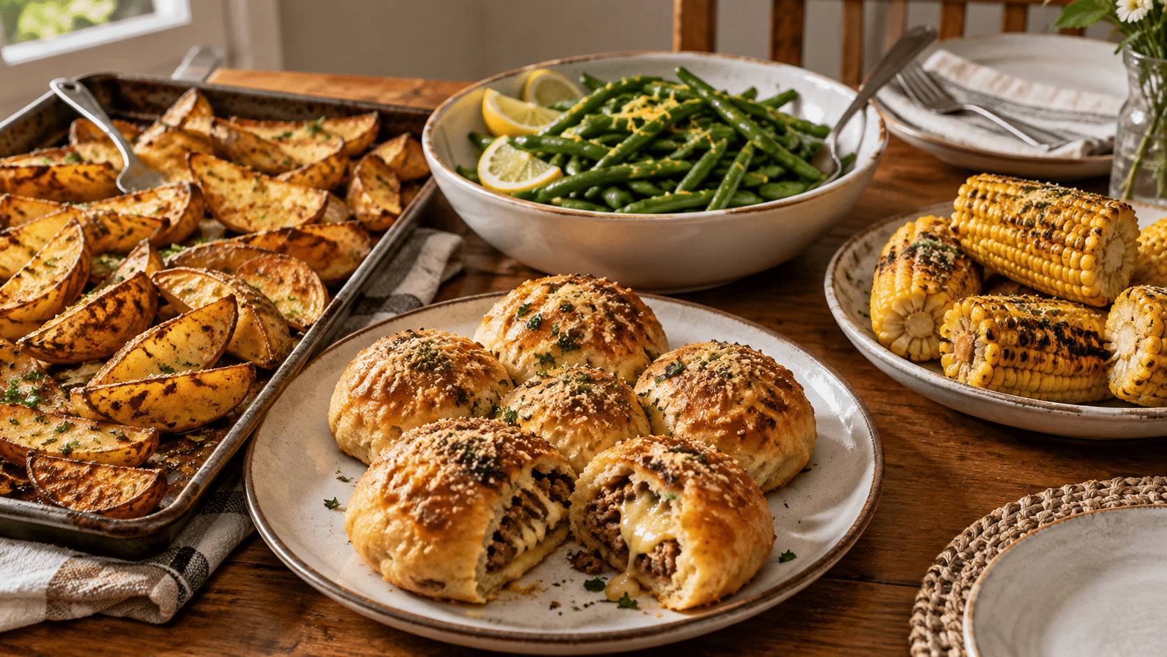 Roasted potato wedges, lemon green beans and grilled corn served with cheeseburger bombs