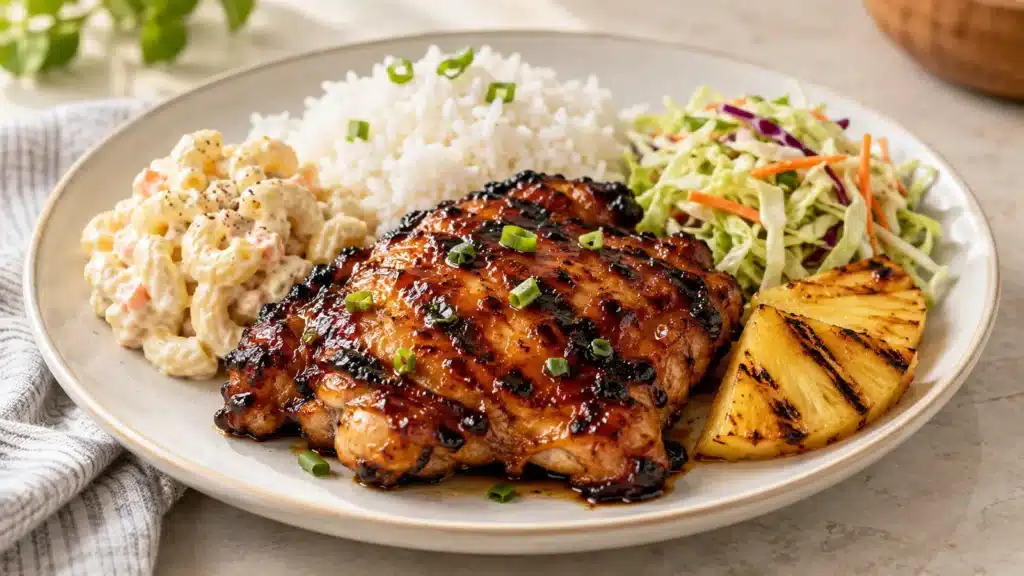 Huli huli chicken served with rice, macaroni salad, slaw and grilled pineapple